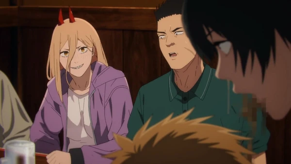 Chainsaw Man: Horned girl and companions in a bar, relaxed atmosphere