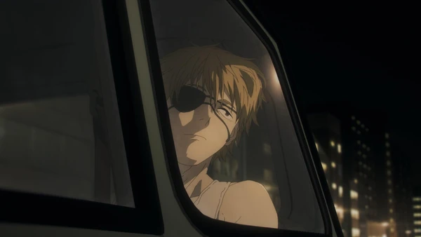 Chainsaw Man: One-eyed guy looking at night view by window,